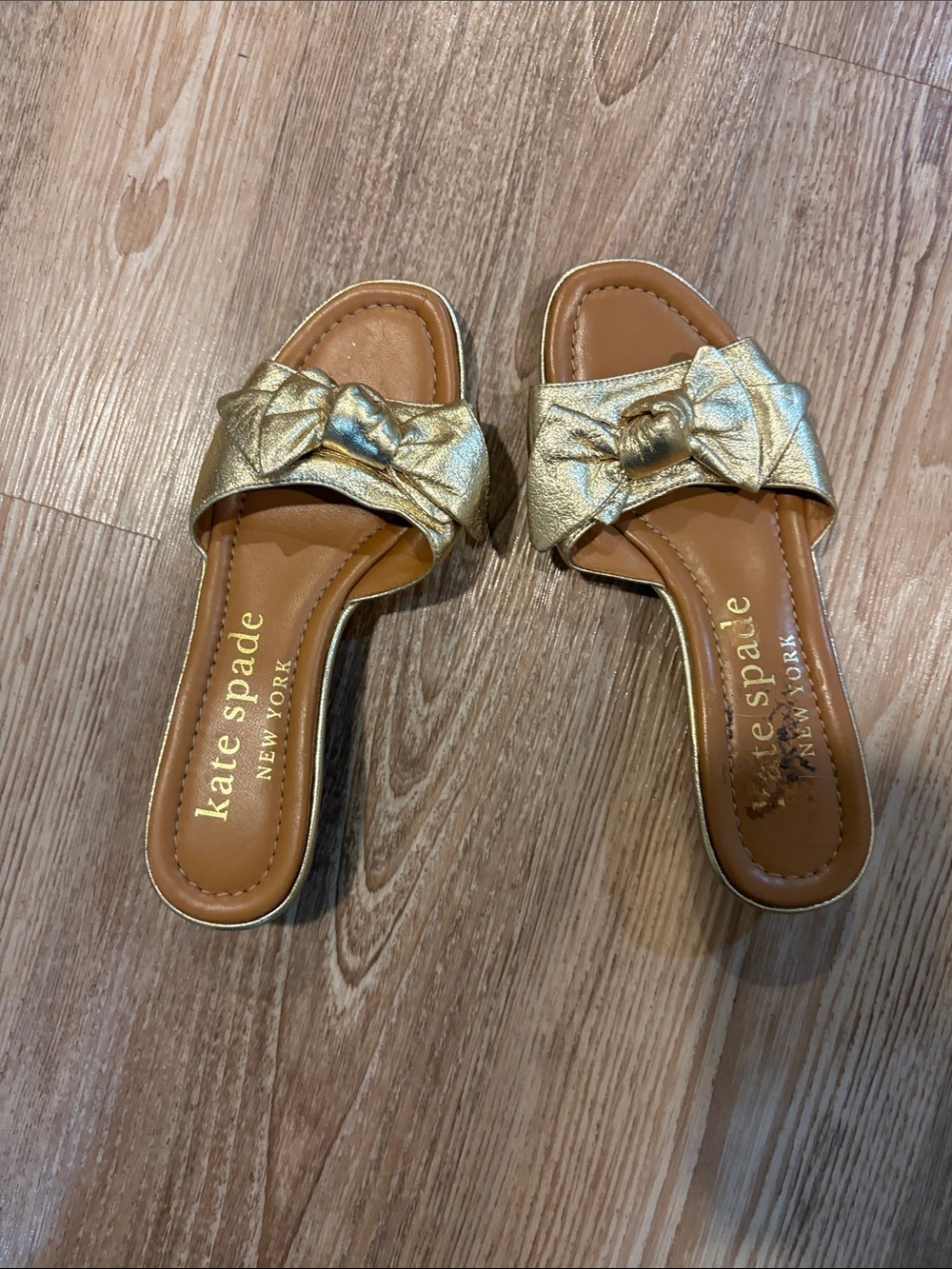 kate spade Metallic Gold Bow Slide Sandals
